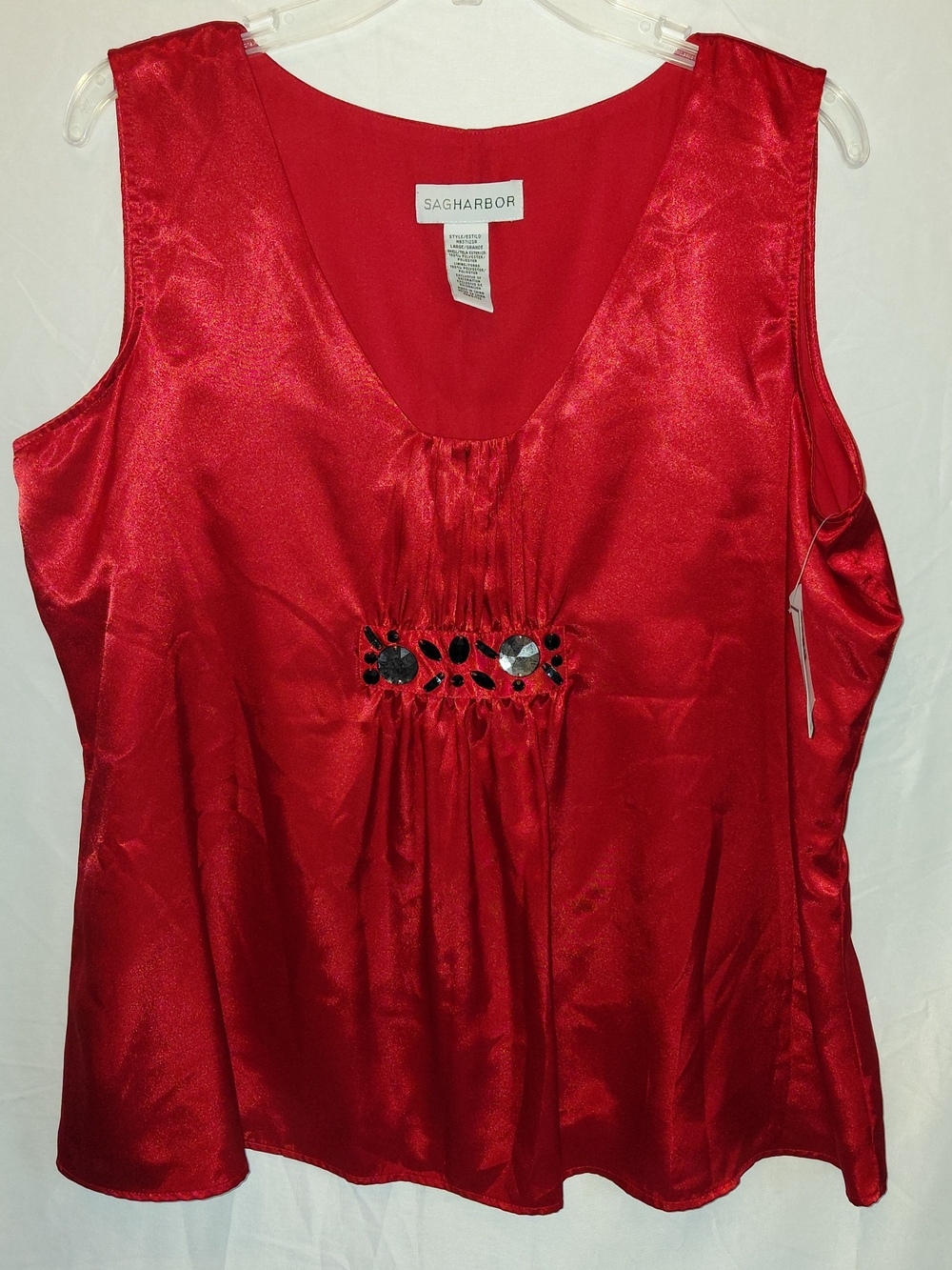 Sag Harbor Red Satin Sleeveless Top with Jeweled Accent #2426